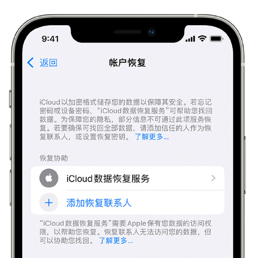 头屯河苹果手机维修分享在 iPhone 上设置帐户恢复联系人的方法 